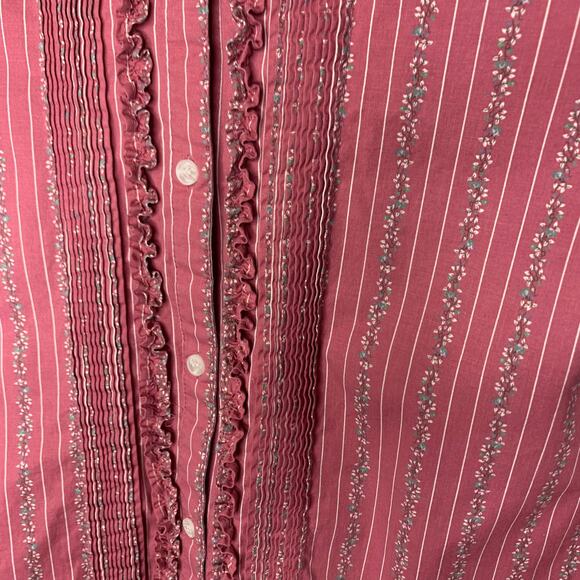 Vintage Cotton Floral Stripe Button Up Ruffle Pintucking Sz XL - Picture 7 of 9